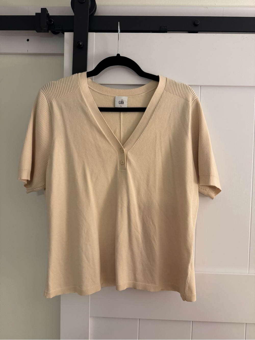 CAbi Short Sleeve V-Neck Knit Top in Cream